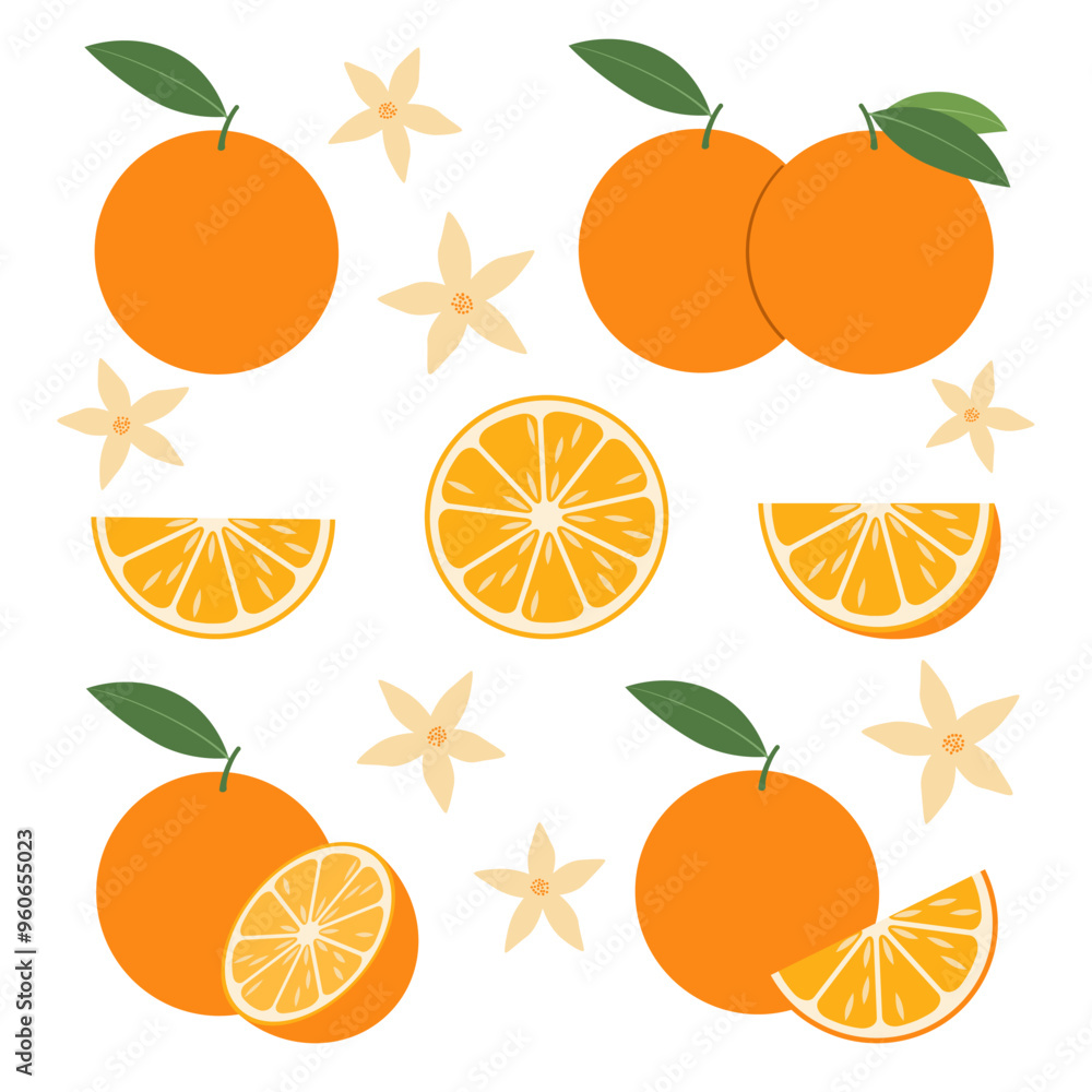 Orange with green leaves in flat style. Citrus slice isolated on white background. Tropical fruits. Raw and vegetarian food. Vector illustration. Orange with green leaves in flat style. Citrus slice isolated on white background. Tropical fruits. Raw and vegetarian food. Vector illustration.