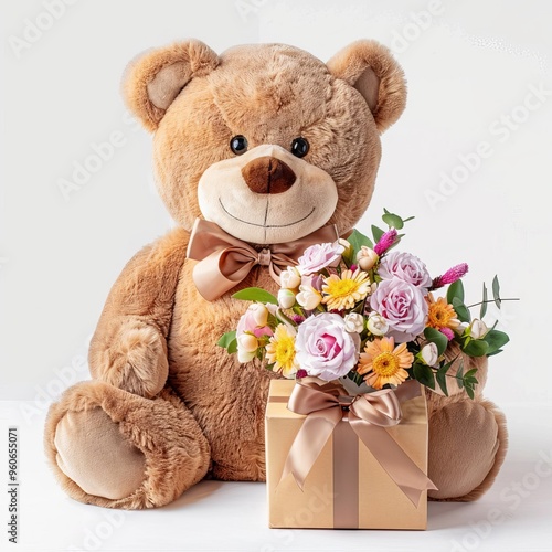 Large brown teddy bear with gift box and bouquet of flowers on isolated white background. Generated AI