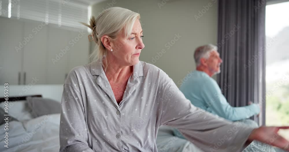Argue, frustrated and mature couple in bed with conflict, relationship problem and disagreement. Home, marriage crisis and upset senior man and woman in bedroom for discussion, fighting and divorce Argue, frustrated and mature couple in bed with conflict, relationship problem and disagreement. Home, marriage crisis and upset senior man and woman in bedroom for discussion, fighting and divorce
