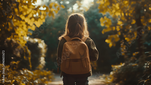 Niña con mochila de camino al colegio photo