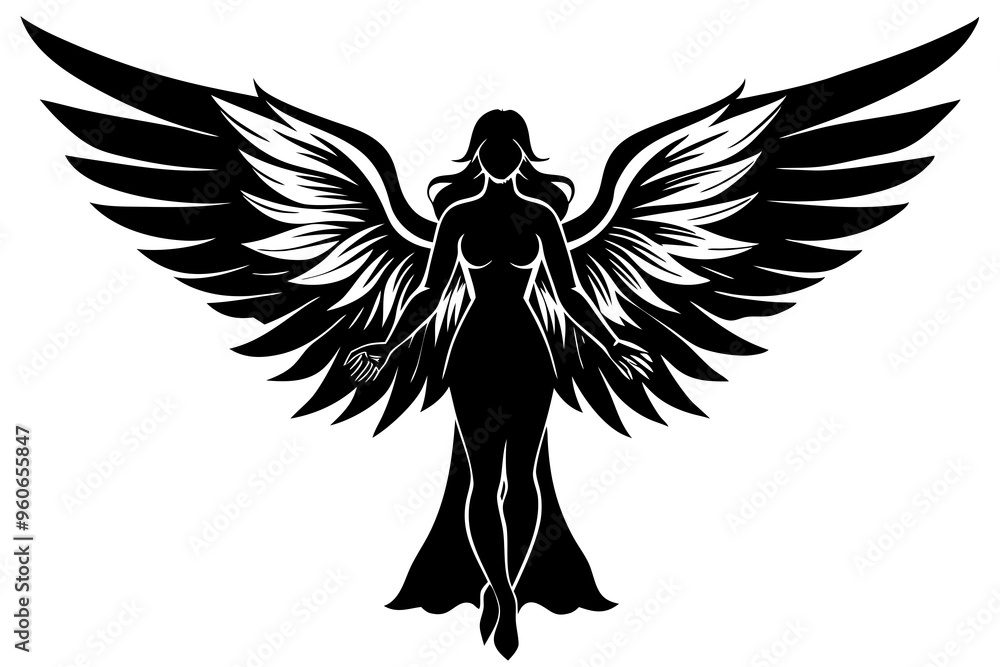 Obraz premium Black silhouettes of angels with large wings on a white background
