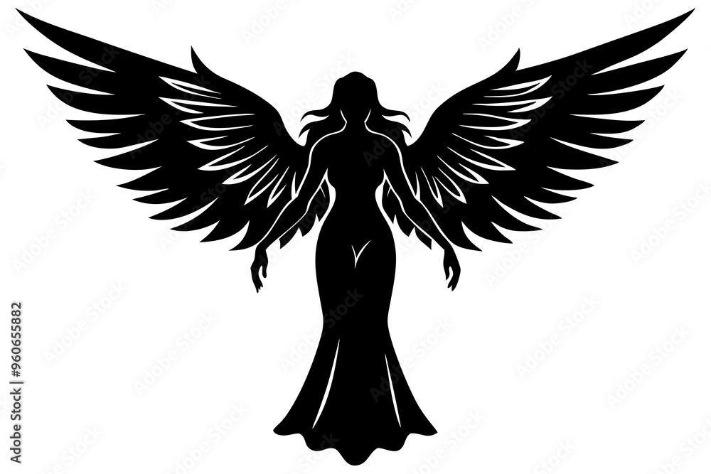 Obraz premium Black silhouettes of angels with large wings on a white background