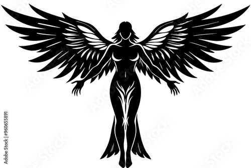 Black silhouettes of angels with large wings on a white background