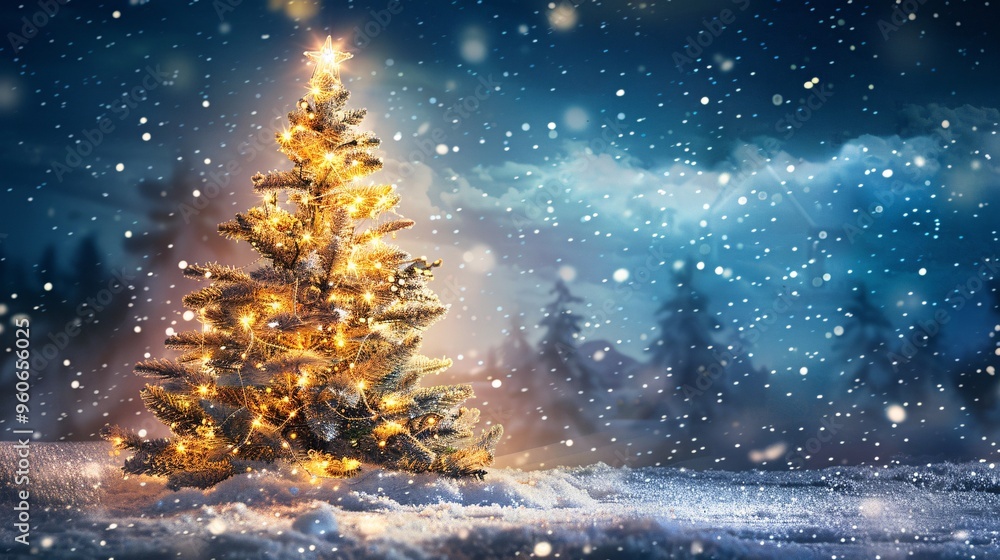 Fototapeta premium Illuminated Christmas Tree in Snowy Winter Night
