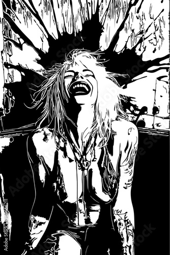 Black and white ink image of a sensual girls whimsically posing in front of a color patch on a wall, smiling happily 