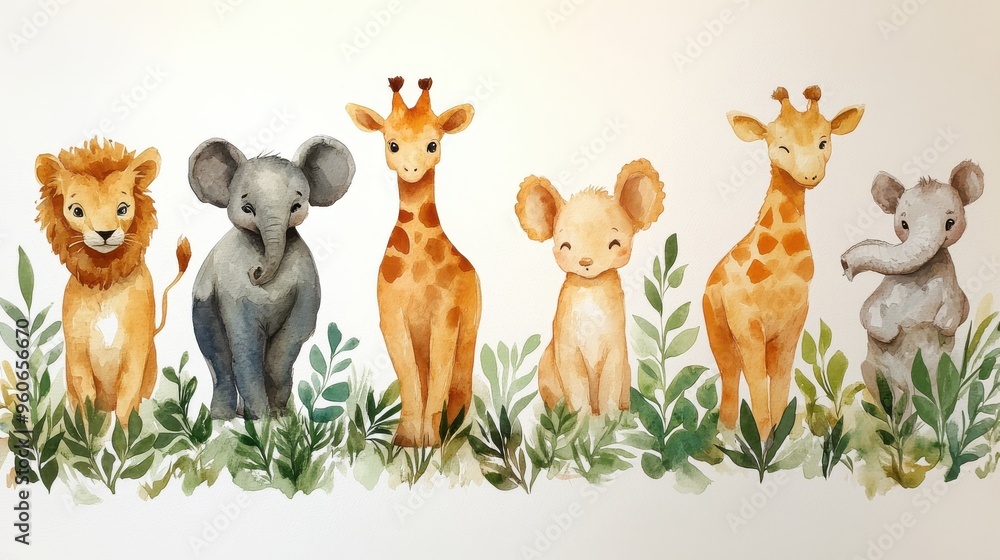 Soft watercolor safari animals on white background Soft watercolor safari animals on white background