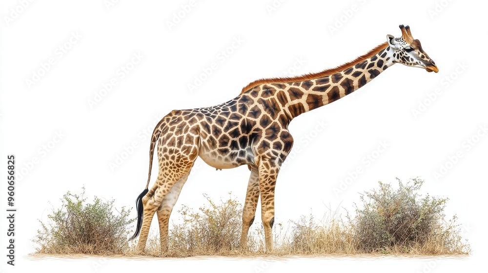Obraz premium Standalone giraffe image with clear focus on its body and spots on a white background