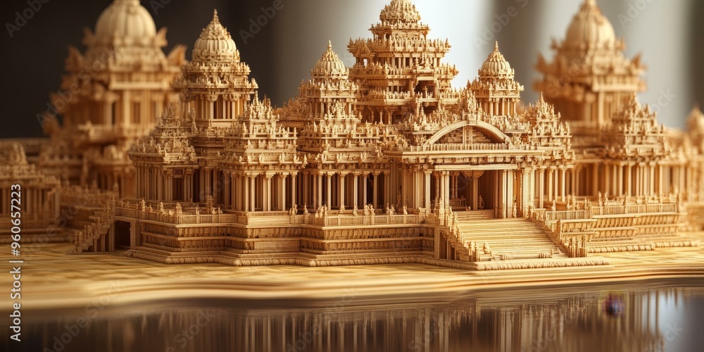 Fototapeta premium Wooden temple model reflected in water.