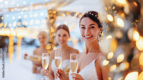 A joyful bride holds a glass of champagne, surrounded by her smiling bridesmaids in elegant dresses. The evening ambiance is lit with shimmering fairy lights photo