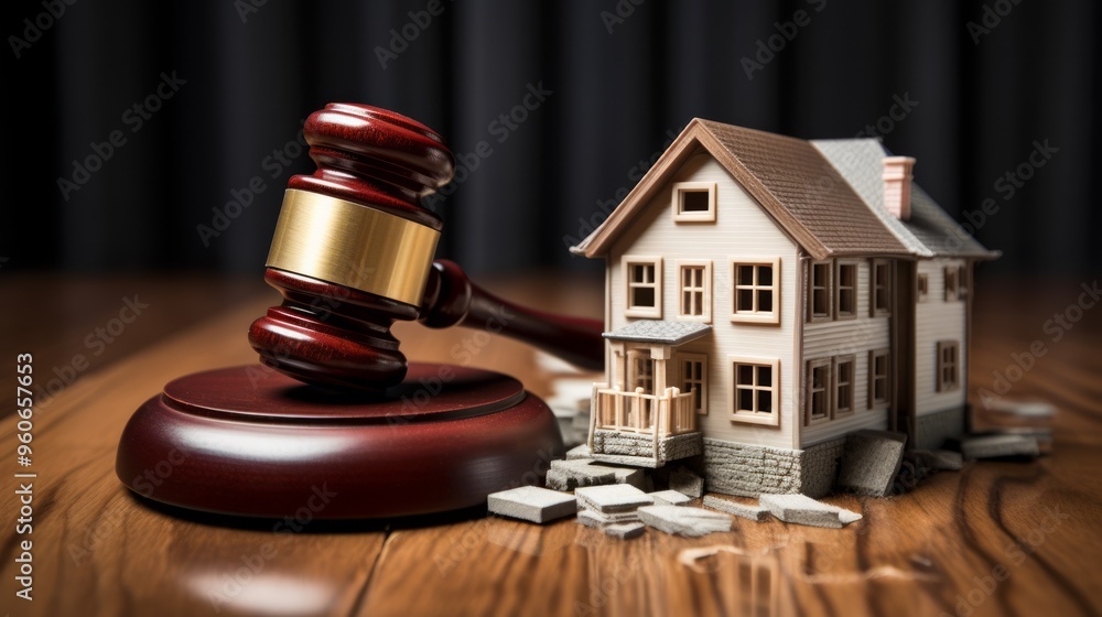 House model and hammer judge gavel on wooden table with dark background. Foreclosure, bankruptcy concept. Neural network ai generated art House model and hammer judge gavel on wooden table with dark background. Foreclosure, bankruptcy concept. Neural network ai generated art