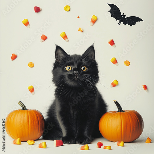 A Halloween decor scene featuring black cats, pumpkins, and candy corn