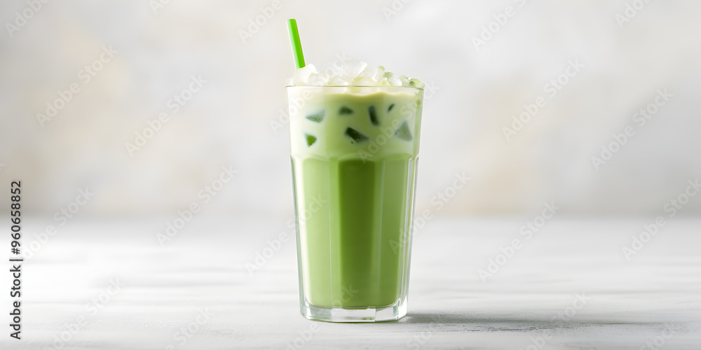 Iced matcha latte with almond milk in a glass placed on a white surface Iced matcha latte with almond milk in a glass placed on a white surface