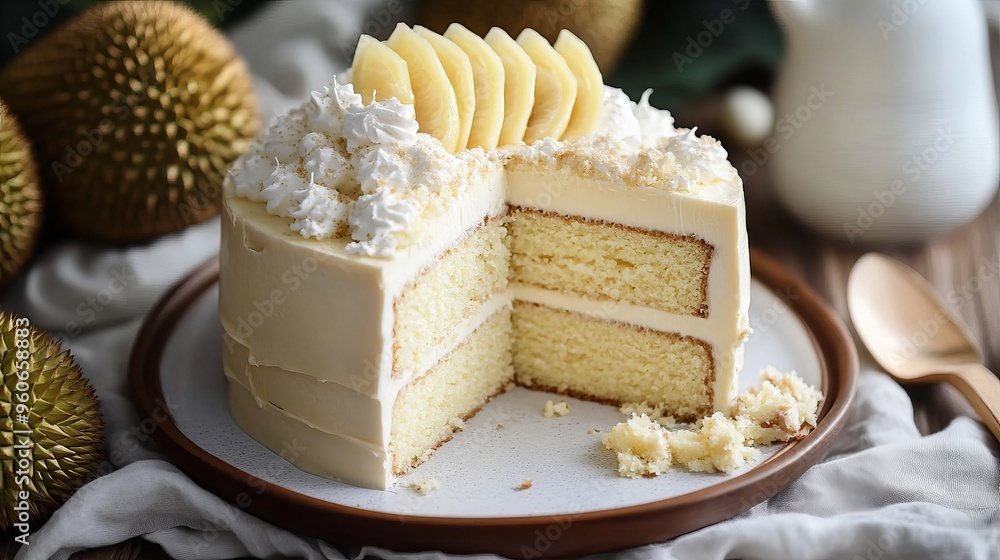 Durian cake, durian mousse cake, durian chiffon cake Stock Illustration ...