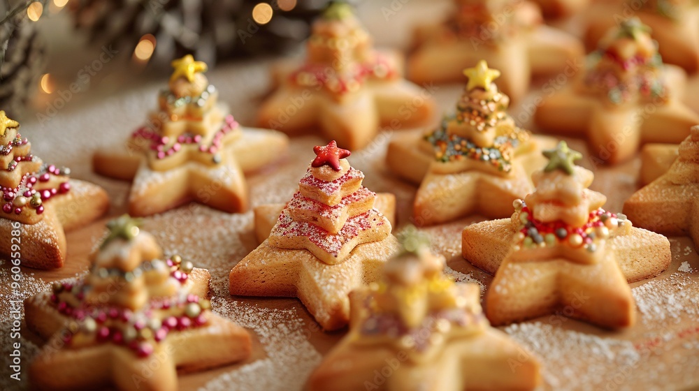 Festive Christmas Tree Cookies on Wooden Surface Festive Christmas Tree Cookies on Wooden Surface