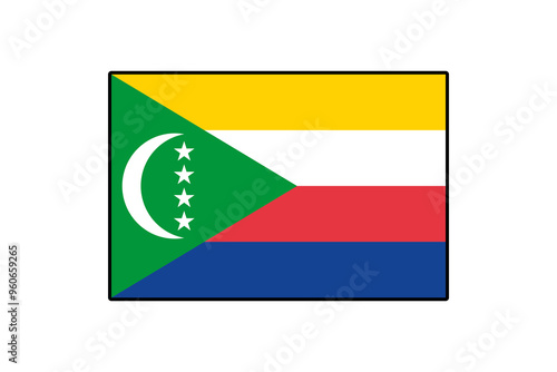 Free Download The national flag of Comoros features vibrant colors and distinct patterns, symbolizing the country's heritage and identity. It showcases a crescent and stars on a colorful background. - GFXLoad