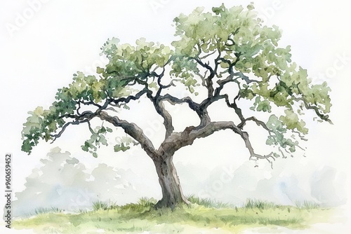 A beautiful watercolor illustration of a lone tree with intricate branches and lush green leaves on a serene background.