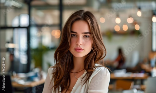 A young woman with long hair confidently poses in a modern office space filled with plants and warm lighting during the day