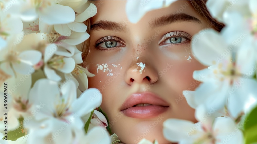 A young woman with freckled skin surrounded by delicate white blossoms, capturing the essence of spring in a serene garden setting A young woman with freckled skin surrounded by delicate white blossoms, capturing the essence of spring in a serene garden setting