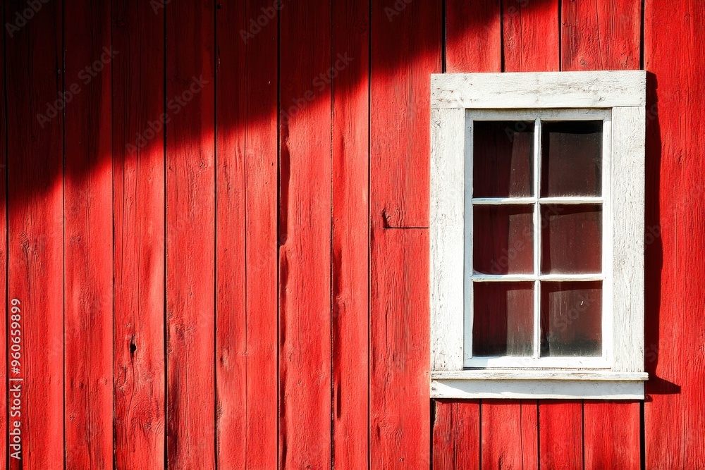 A vibrant red wooden wall features a white-framed window, illuminated by warm sunlight, showcasing rustic beauty and inviting possibilities A vibrant red wooden wall features a white-framed window, illuminated by warm sunlight, showcasing rustic beauty and inviting possibilities