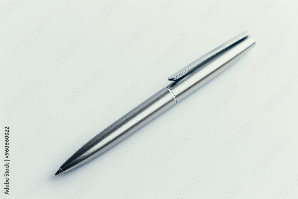 A minimalist photo of a sleek, modern silver pen lying flat on a pure white background A minimalist photo of a sleek, modern silver pen lying flat on a pure white background