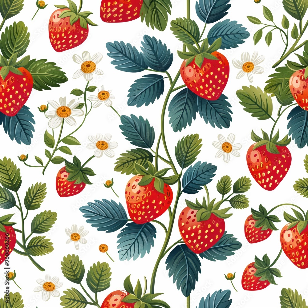 Seamless pattern strawberries leaves flowers white background Seamless pattern strawberries leaves flowers white background