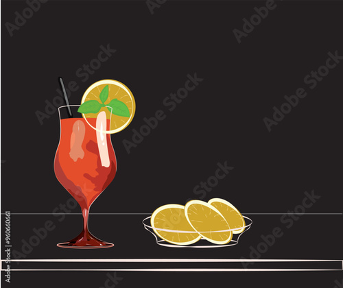 A glass of red cocktail with a tube and an orange roll on the table