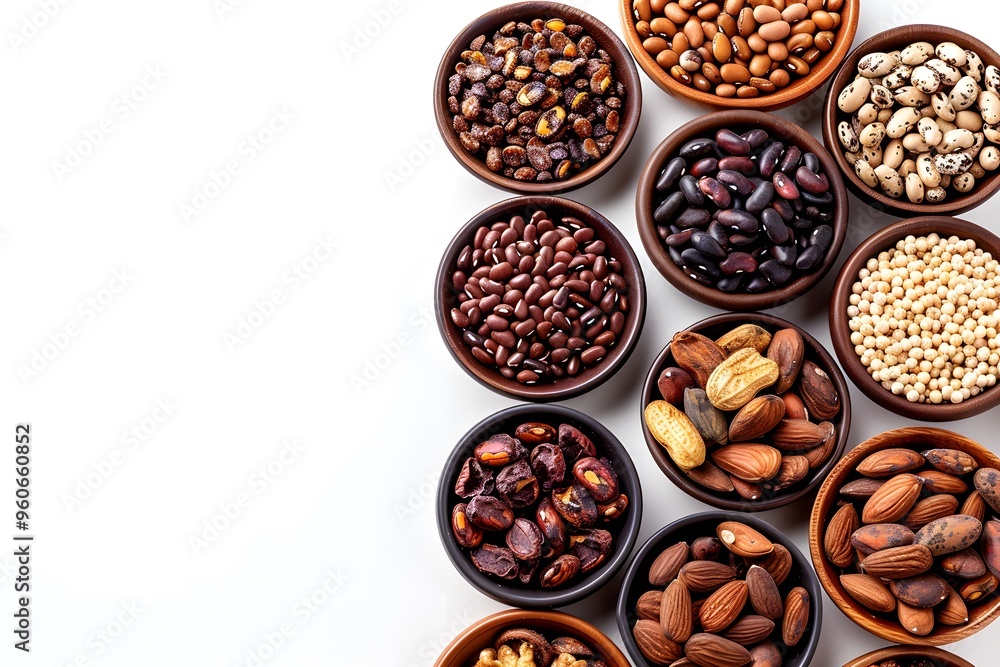 Variety of beans, nuts, and seeds arranged in bowls on white background. Flat lay of healthy plant-based protein sources with copy space for food blogs, wellness, or nutrition marketing. Variety of beans, nuts, and seeds arranged in bowls on white background. Flat lay of healthy plant-based protein sources with copy space for food blogs, wellness, or nutrition marketing.