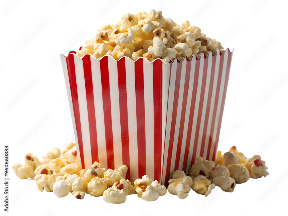 A large portion of popcorn in a red and white striped box, isolated on a white background. Ideal for snack, cinema, and party-themed visuals. Clipart style with transparent background. A large portion of popcorn in a red and white striped box, isolated on a white background. Ideal for snack, cinema, and party-themed visuals. Clipart style with transparent background.