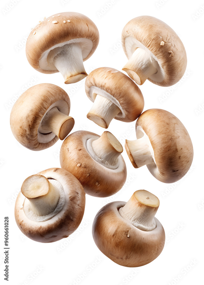 A group of flying champignon mushrooms, isolated on a white background. Perfect for food, culinary, and cooking-themed visuals. Clipart style with transparent background. A group of flying champignon mushrooms, isolated on a white background. Perfect for food, culinary, and cooking-themed visuals. Clipart style with transparent background.