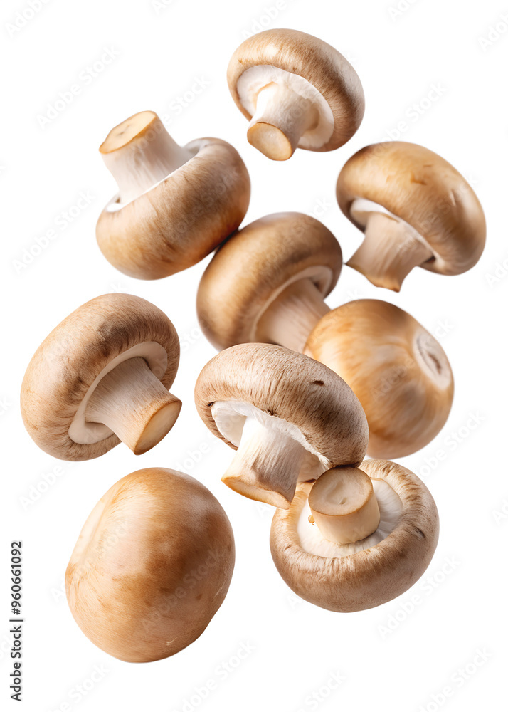 A dynamic composition of flying champignon mushrooms, isolated on a white background. Ideal for culinary, food, and recipe-themed projects. Clipart style with transparent background. A dynamic composition of flying champignon mushrooms, isolated on a white background. Ideal for culinary, food, and recipe-themed projects. Clipart style with transparent background.