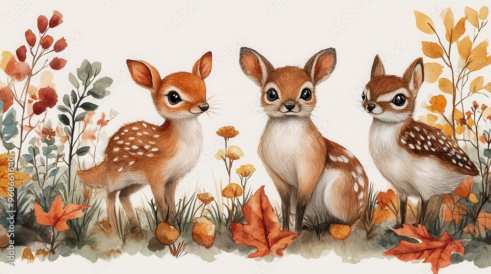 Fototapeta premium Woodland animals on a white background invite design
