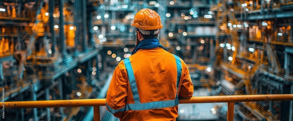 Industrial Worker Looking Out Over Factory Floor Industrial Worker Looking Out Over Factory Floor