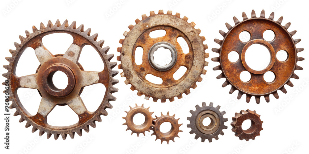 Set of rusty metal gears, isolated on transparent background. Ideal for steampunk designs, machinery concepts, and industrial-themed projects. Set of rusty metal gears, isolated on transparent background. Ideal for steampunk designs, machinery concepts, and industrial-themed projects.