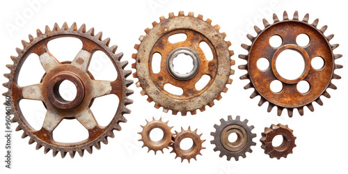 Set of rusty metal gears, isolated on transparent background. Ideal for steampunk designs, machinery concepts, and industrial-themed projects.