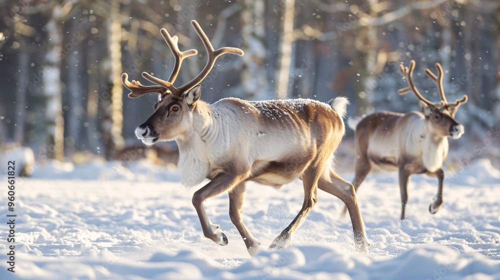 Reindeer Running Through Snowy Forest Reindeer Running Through Snowy Forest