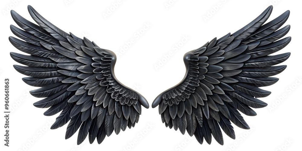 Obraz premium Pair of detailed black angel wings, isolated on transparent background. Ideal for fantasy, cosplay, and gothic-themed designs or projects.