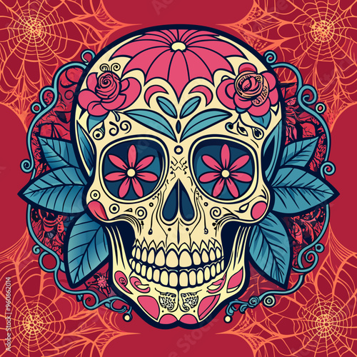 A detailed skull with floral patterns and a spider web in the background