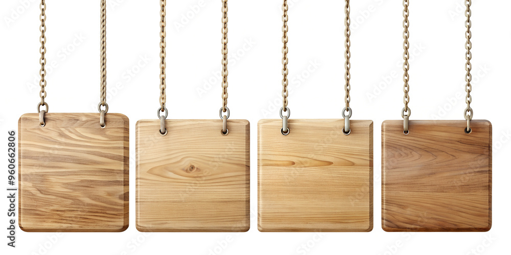 A set of four wooden hanging signs with metal chains, isolated on transparent background. Ideal for rustic, vintage, and craft-themed designs. A set of four wooden hanging signs with metal chains, isolated on transparent background. Ideal for rustic, vintage, and craft-themed designs.
