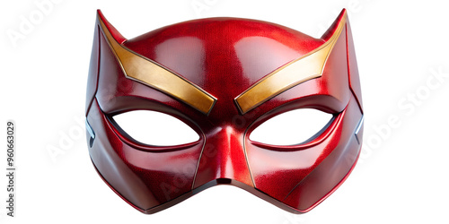 Red superhero mask with golden accents, isolated on a white background. Ideal for costume design, superhero illustrations, and comic-related visuals.