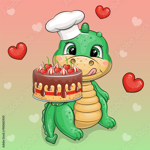 A cute cartoon dragon chef in a chef's hat is holding a big cake. Vector illustration of an animal with food and red hearts.