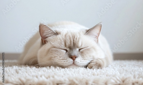 British shorthair cat in a loaf position on a fluffy rug, soft pastel tones in the room, creating a calm and inviting space, [cat loaf], [softness, calm]
