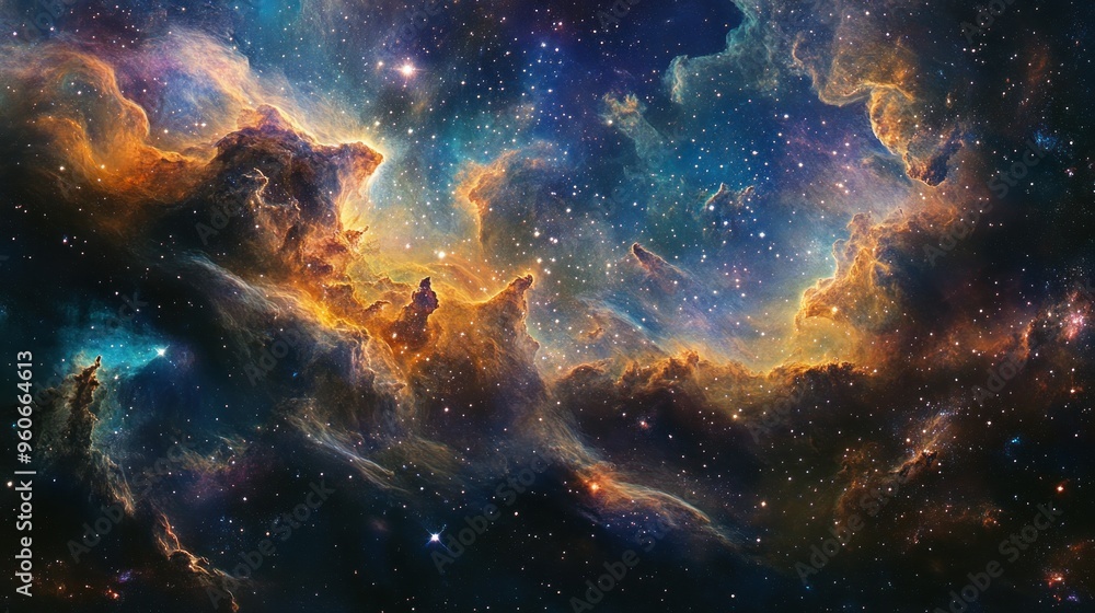 A cosmic nebula with vibrant hues and swirling gas clouds A cosmic nebula with vibrant hues and swirling gas clouds