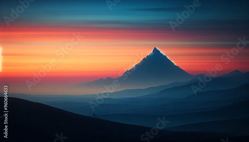 Majestic mountain silhouette at sunrise with vibrant sky and layered hills 