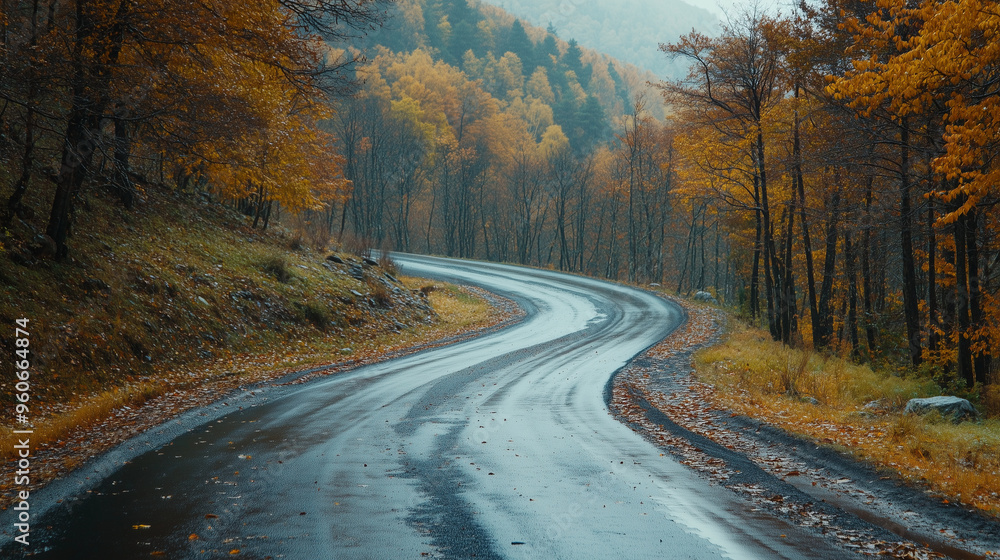 Obraz premium Scenic autumn drive through a misty forest with vibrant foliage, ideal for exploring in october or november