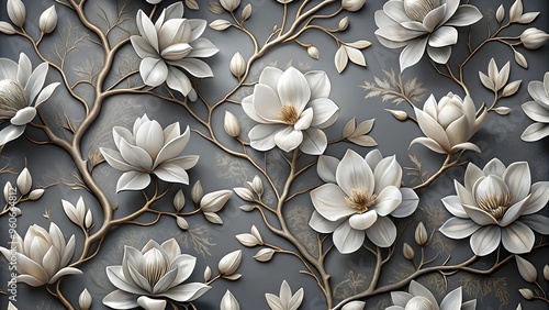 Luxurious 3D Floral Wallpaper with Silver Magnolias on Charcoal Gray Background	