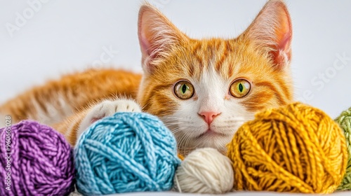 Fluffy Plush Toy Cat Playing with Yarn Ball - Adorable Close-Up Shot