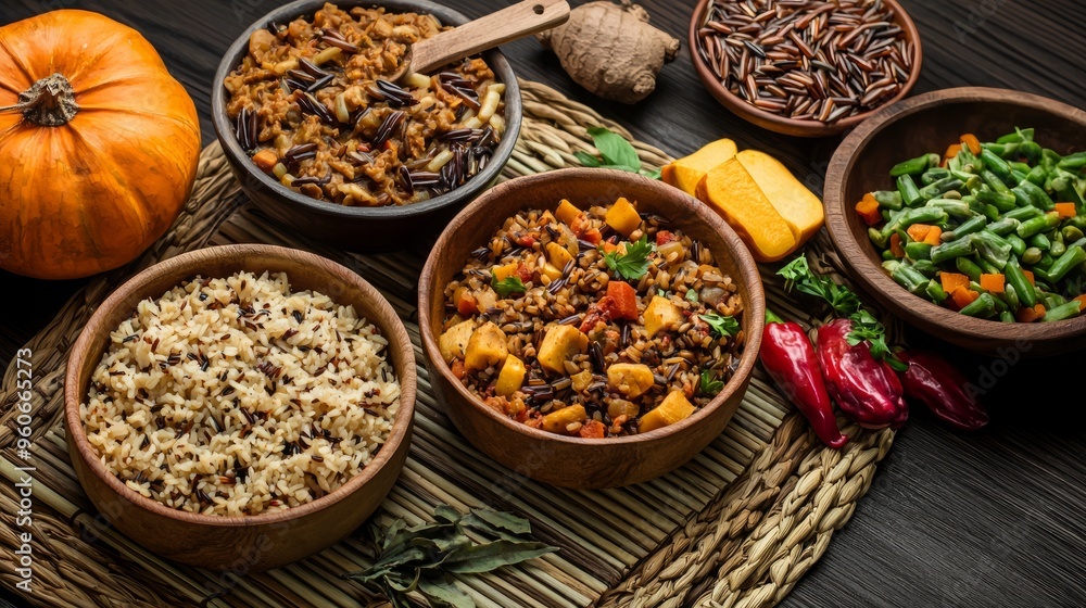 Authentic Indigenous Culinary Spread: Bison Stew, Wild Rice, and Squash Presented on a Traditional Woven Mat Authentic Indigenous Culinary Spread: Bison Stew, Wild Rice, and Squash Presented on a Traditional Woven Mat