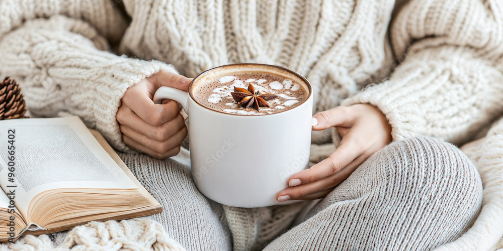 Cozy atmosphere with a person holding a warm mug of coffee topped with spices and a book Cozy atmosphere with a person holding a warm mug of coffee topped with spices and a book
