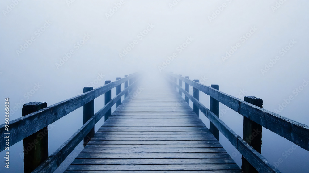 Obraz premium A fog-covered pier stretches out into the void, disappearing into the mist, creating a sense of mystery and isolation.