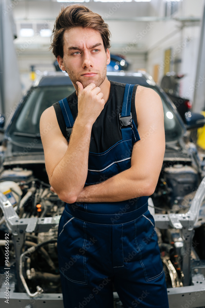 Vertical portrait of doubtful repairman pensive looking away in auto workshop standing by car under repair. Doubtful mechanic trying to solve problem in car service shop. Concept of auto maintenance. Vertical portrait of doubtful repairman pensive looking away in auto workshop standing by car under repair. Doubtful mechanic trying to solve problem in car service shop. Concept of auto maintenance.